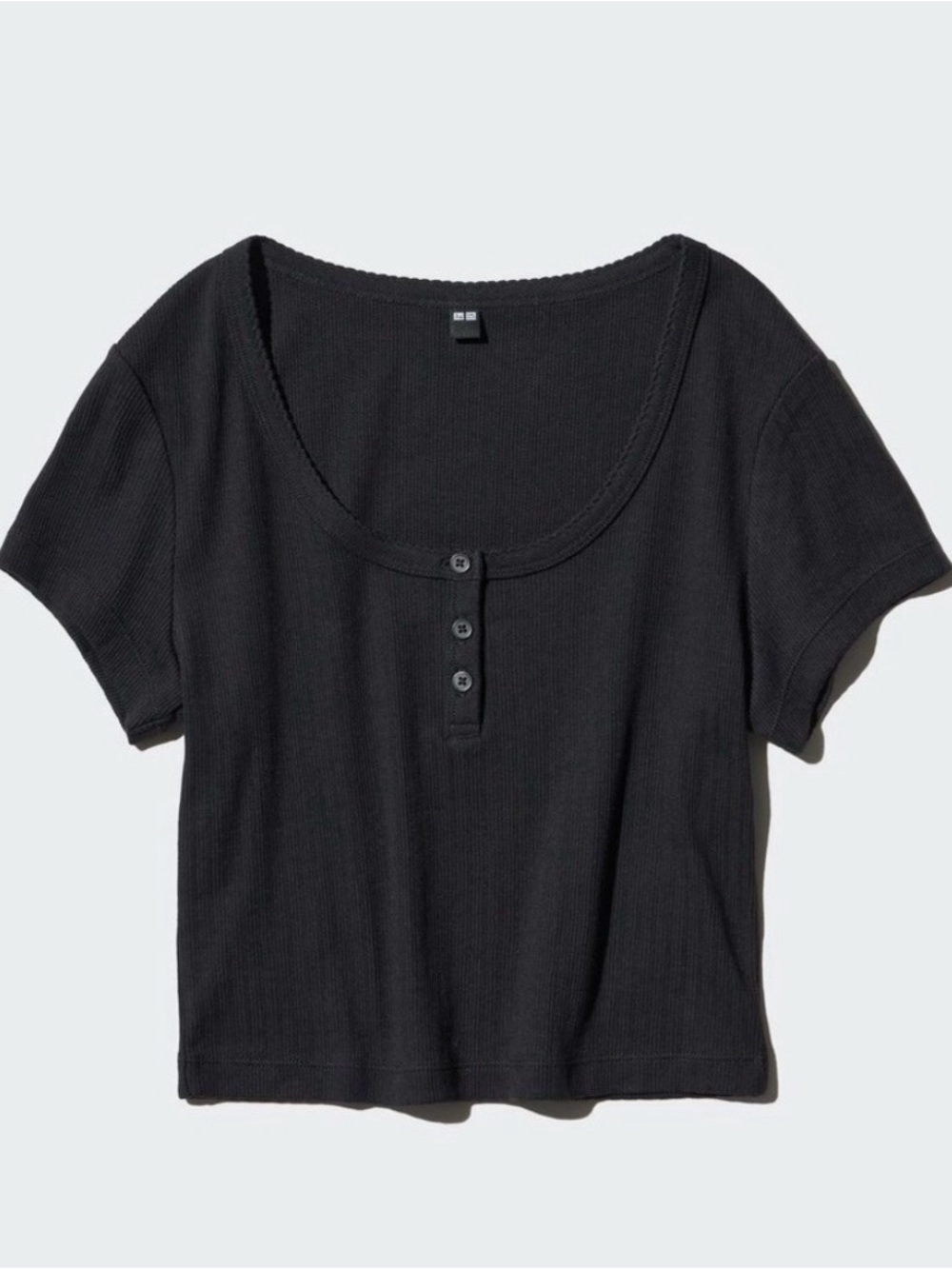 Uniqlo Black Ribbed Scoop Neck Henley Crop Top - Women